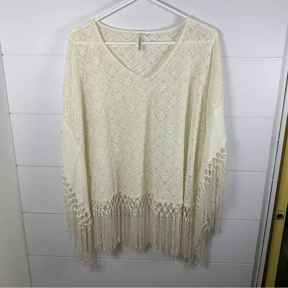Boho Cream Crochet Lace Top Sz M /‎ L  Festival Coverup Fringe Gypsy Fairycore